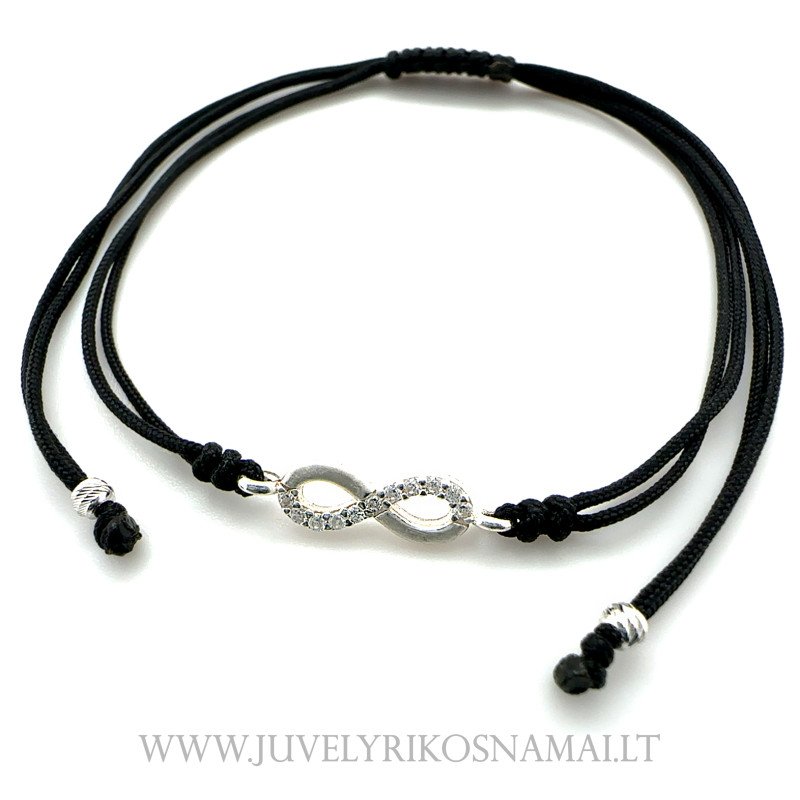 Juodo siūlo apyrankė su sidabriniu pakabuku "Begalybė"