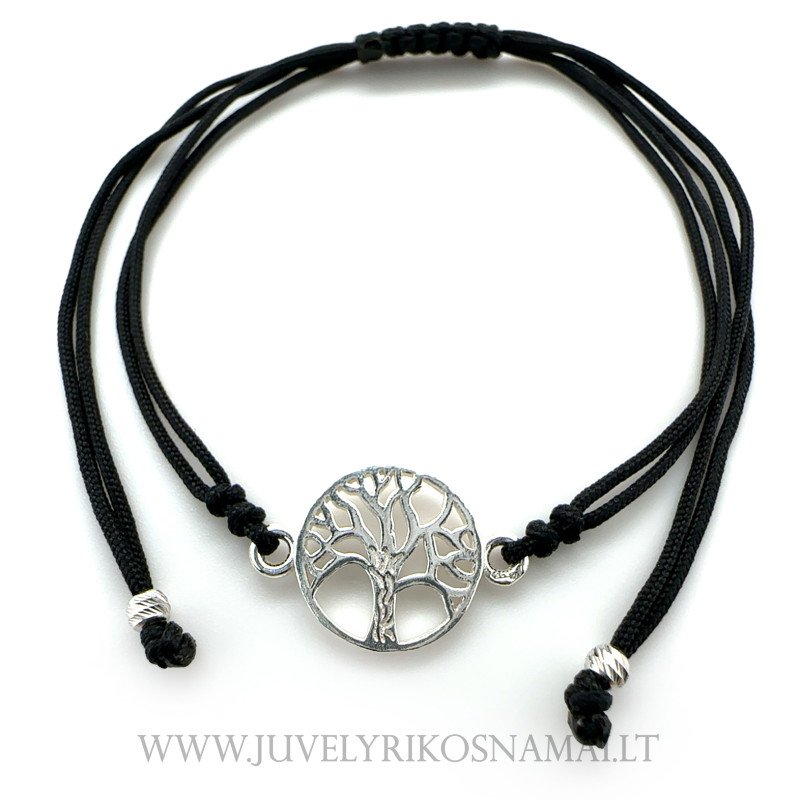 Juodo siūlo apyrankė su sidabriniu pakabuku "Medis"