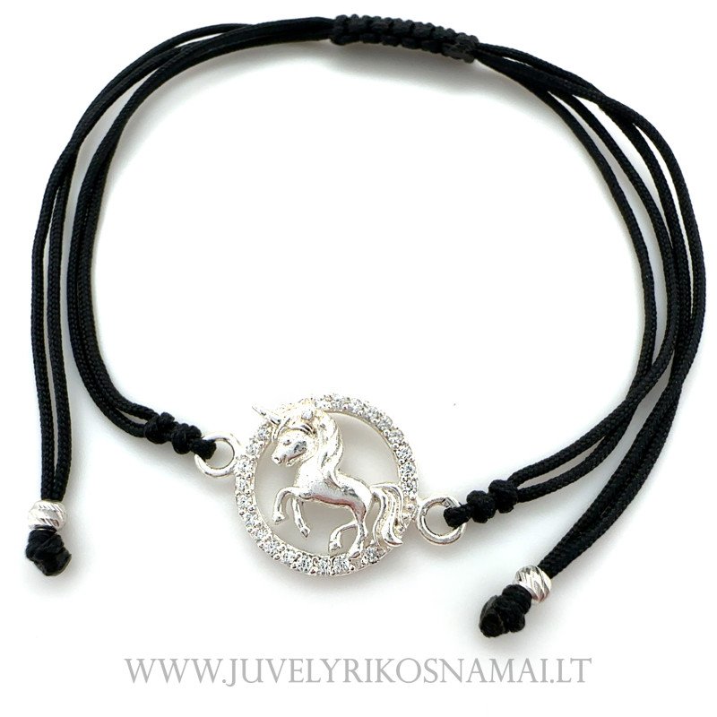 Juodo siūlo apyrankė su sidabriniu pakabuku "Vienaragis"