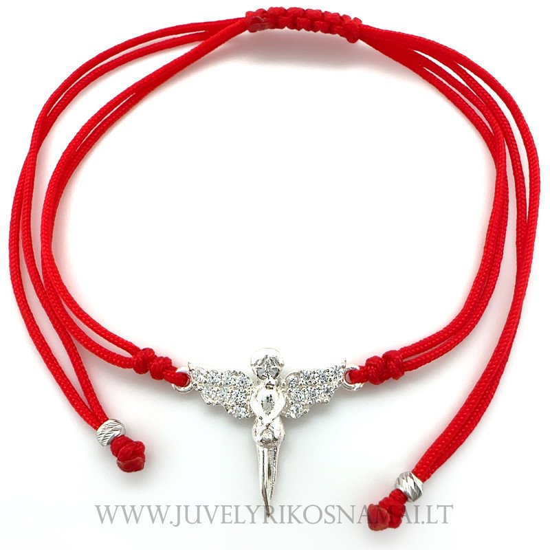 Raudono siūlo apyrankė su sidabriniu pakabuku "Angelas"