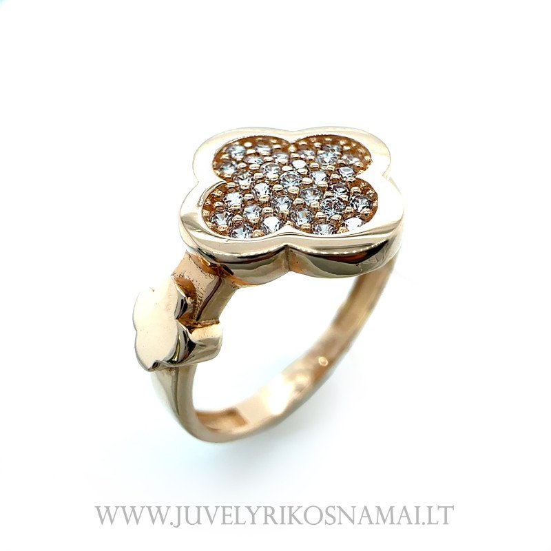 Raudono aukso žiedas su cirkoniu 17,2 mm "Keturlapis dobilas"